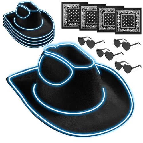 Jeere 12 Pcs Cowboy Light up Hat Set Include 4 LED Holographic Cowgirl Hats 4 Paisley Bandanas 4 Heart Sunglasses for Wedding(Black)