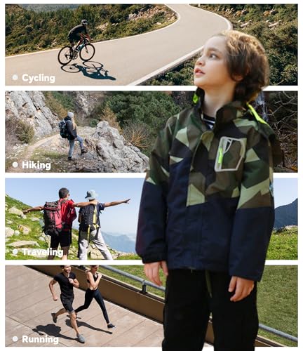 LAUSONS Kinder Gefütterte Regenjacke Jungen Camouflage Wasserdicht Jacke Leichte Übergangsjacke mit Abziehbar Kapuze Armeegrün DE: 128-134 (Herstellergröße 130)