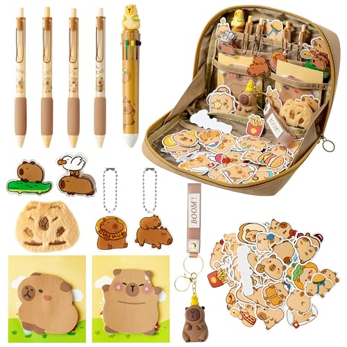 Image of Cute Capy Pencil Case - Capy Stationery Gift Set, Kawaii Cartoon School Supplies Kit with 11 Compartments Pen Pouch, Sticky Note, Clip, Brooch, Keychain, Sticker for Kids Student Office