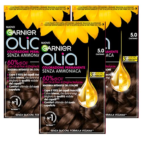 Garnier Olia Permanente Haarfarbe ohne Ammoniak, Färbung mit Blütenölen natürlichen Ursprungs mit aufhellender und nährender Wirkung, Farbe 5.0 Kastanienbraun - 3 Packungen