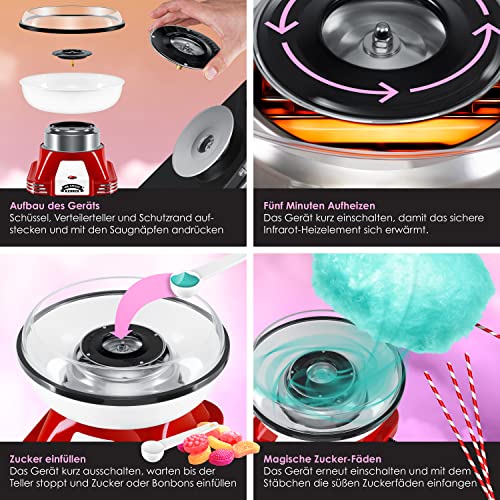 KESSER® Zuckerwattemaschine Set für Dein zuhause - Mit 30x Zuckerwatte Stäbchen & Messlöffel - Retro Cotton Candy Maschine - Zuckerwatte Maschine Mit Zubehör - Höhe 22 cm - 500 W Rot Weiß – Bild 4