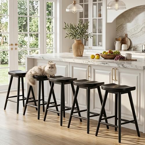 Image of HNY Backless Black Bar Stools Set of 4, Modern Counter Height Barstools 24 Inch Rustic Farmhouse Bar Height Saddle Stools with Ergonomic Seat, Wooden Stools for Kitchen Counter Island