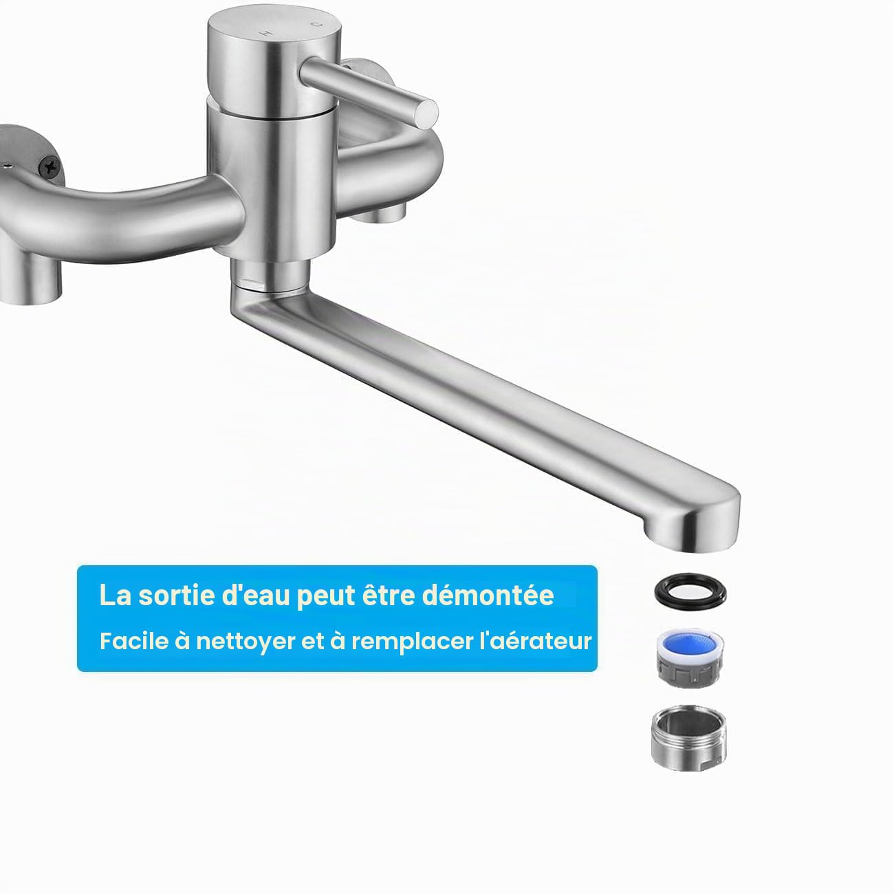 Robinet de Cuisine Exposé Mural, Mitigeur Mural pour Buanderie/Garage, Robinetterie avec Connexion Descendante 1/2", Mitigeur d'Evier Monocommande Rotatif à 180°, Cartouche Céramique, Brossé