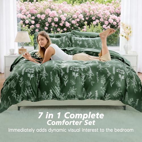 Image of MUXHOMO Dark Green Full Comforter Set, Elegant Floral Print Bed in a Bag 7 Pieces, Ultra Soft & Breathable Reversible Botanical Pattern Bedding Set with Comforter, Sheets, Pillowcases, and Shams