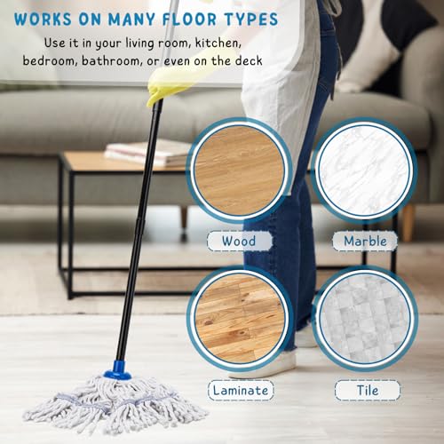 Image of Mops for Indoor Floor Cleaning, Small Cotton String Mop for House, Kitchen, Bathroom, Deck, Rag Mop with 51'' Handle (2 Mop Heads)