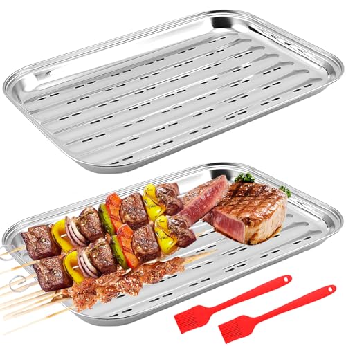 2 bandejas para barbacoa reutilizables con cepillo: 34,9 x 24,5 x 2,7 cm, bandeja para barbacoa de acero inoxidable, cesta reutilizable para verduras, accesorios para verduras, pescado o carne para