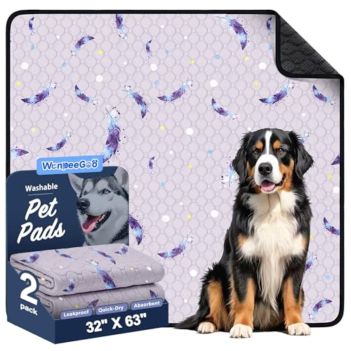 Image of WanpeeGoo Washable Pee Pads for Dogs, 2 Pack Reusable Puppy Pads, Super Absorbent & Leakproof Dog Pads, Anti-Slip Dog Pee Pads for Puppy Training & Incontinence, Leaf Pattern 32 inchx63 inch