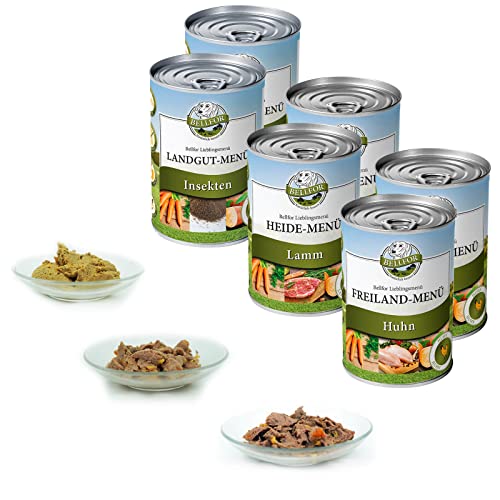 Bellfor Starter-Paket 2 x Freiland-Menu mit Huhn 2 x Heide-Menu mit Lamm und 2 x Landgut-Menu mit Insekten Getreidefrei Hundefutter Nass Ohne Soja und Zucker