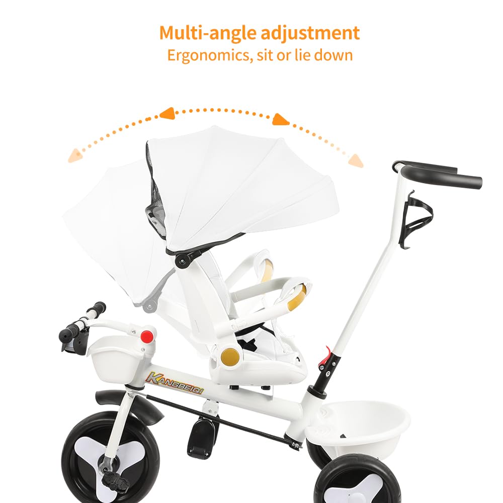Triciclo Evolutivo per Bambini, Triciclo 5 in 1 - Luci e musica, Seggiolino avvolgente, Seggiolino e inclinazione, Passeggino a 4 ruote, Protezioni rimovibili, Portabicchiere, Bianco