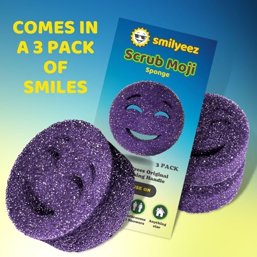 Image of The Original Scrub Moji Scrubbing Sponge by Smilyeez (Set of 3) - Purple - Temperature-Responsive Polymer Foam, Stain and Odor Resistant, Ideal for Kitchen and Bathroom Cleaning