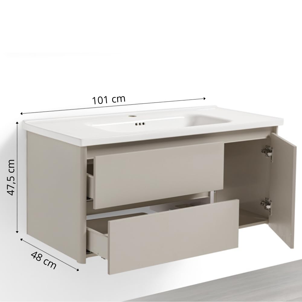 REDÒKASA Mobile Bagno Sospeso 100 cm GENZIANA in alluminio, con 2 cassetti e 1 anta, specchio contenitore a 1 anta, lavabo in ceramica (Cipria)
