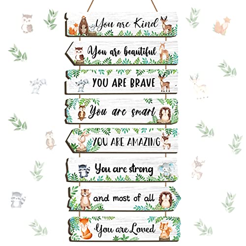 Image of Inspirational Girl Room Decor Aesthetic Art Wall Hanging Sign Inspiring Colorful Rainbow Wooden Decoration for Kids Teens Toddler Boy Baby Bedroom Nursery Dorm Decor, 6-12 Years old (Woodland Animal)