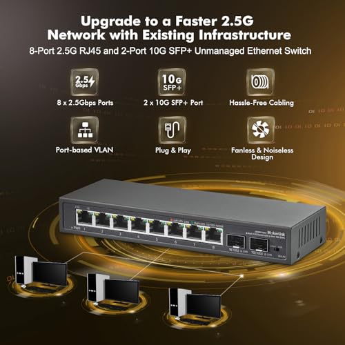 Image of MokerLink 8 Port 2.5Gigabit Ethernet Switch with 2x10G SFP Slot, 8 x 2.5G Base-T Ports, VLAN Isolation, Metal Unmanaged Fanless Small Network Switch