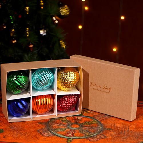 Image of IndianShelf 6 Colorful Christmas Balls - Glass Tree Ornaments - Multicolor Large Vintage Decorations for Christmas Tree