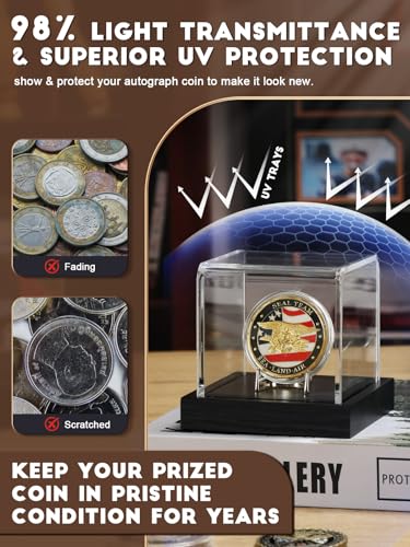 Image of JupDec Coin Display Case, Clear Acrylic Showcase with Wood Base & Alloy Holder for Single Challenge Coin, UV Protection Souvenirs and Collectibles Box, Ideal Gift for Coin Fans, Black