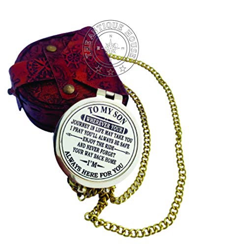 THE ANTIQUE HOUSE Shiny Brass Compass with Leather Case Gift for Son