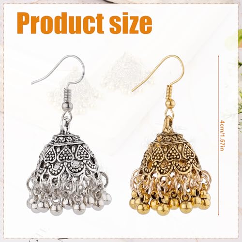 2 Pairs Indian Earrings, Vintage Jhumkas, Gold & Silver Aluminium Alloy, Dangle, Post, Ear Cuff, 1.57in2