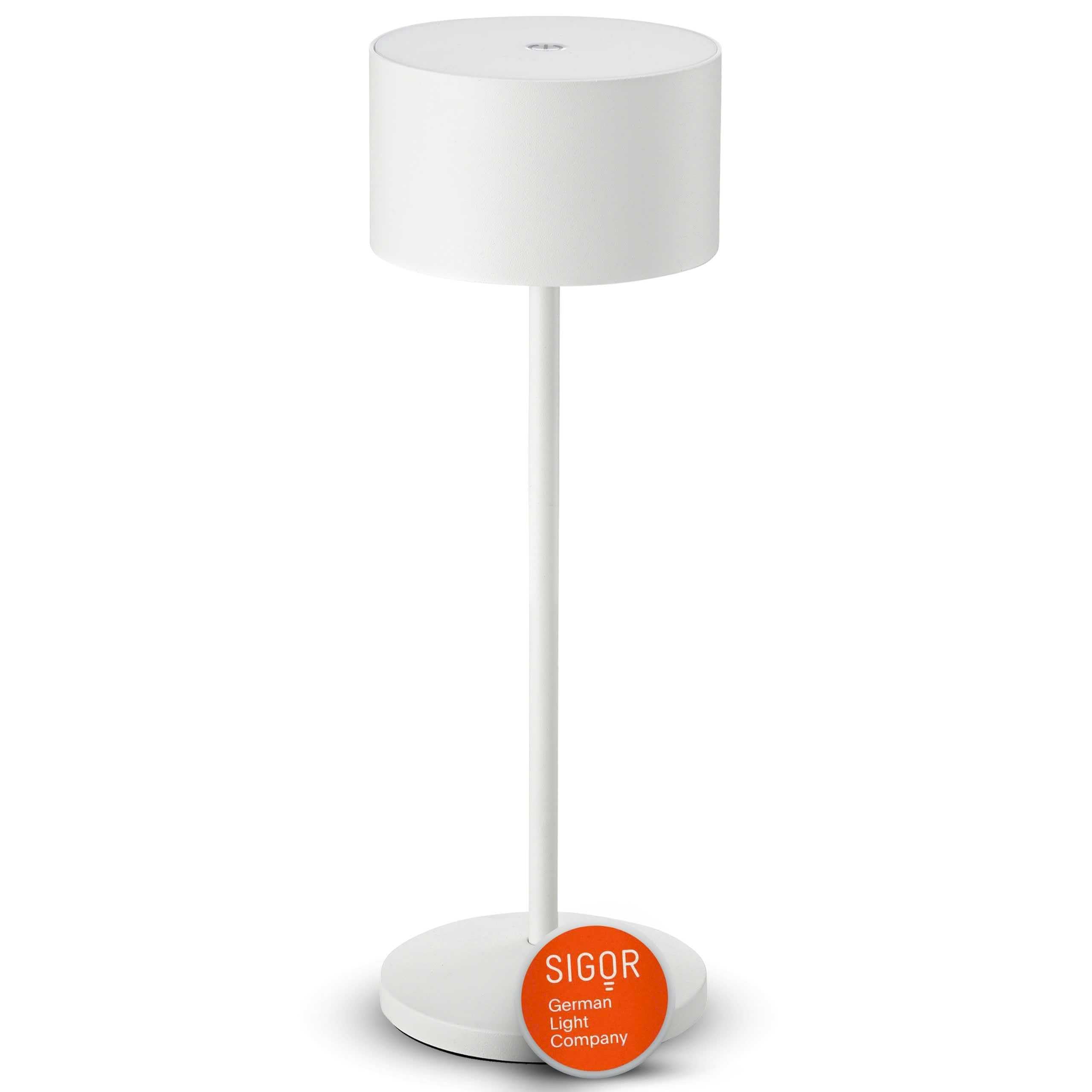 SIGOR Veluna schneeweiß - LED Akku-Tischlampe dimmbar & kabellos mit FlexMood (2200K/2700K), bis 14h Leuchtdauer, USB-C Ladefunktion, IP44 Outdoor & Indoor, Aluminium, Design-Lampe