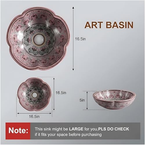 Image of BASSINO 16.5x16.5x5 Inches Designer Moroccan Ceramic Table Top Wash Basin /Pink Floral Art Bowl Sink for Bathroom /Handcrafted Flower Shape Countertop Washbasin for Office /Hotel(Pink & Silver)