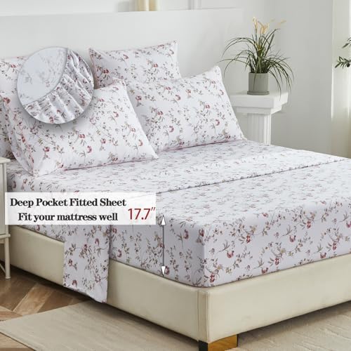 Image of FADFAY Sheets Set Cal King Rustic Pink Floral Botanical Bedding 100% Egyptian Cotton Bed Sheet Set Soft Breathable for All Season Bedoom Decor with 17.7 Deep Pocket Fitted Sheet, California King Size