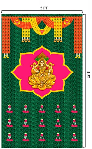 Image of SATVIK 8x5ft. Fabric Backdrop for Pooja Pujan Decor Lakshmi /Laxmi Idol Marigold Garland Print Indian Festive Puja Cloth Mehndi Haldi Flower Curtain Wedding Anniversary Bridal Baby Shower Wall Banner