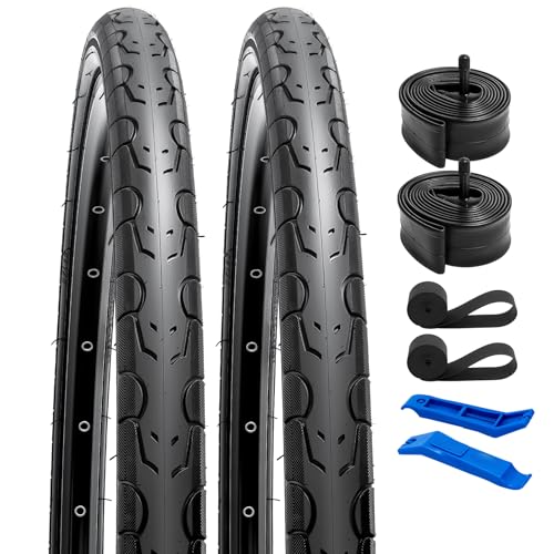 YunSCM 2本セット,26 1 3/8 タイヤ,26x1 3/8 37-590 自転車タイヤ + 26x1 3/8 チューブ 米式バルブ32mm +リムテープ + タイヤレバ,適用 26インチ 1 3/8 ロードバイク,Y-267