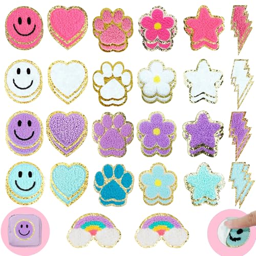 Patchs lettres chenille haut de gamme alphabet rétro rose et violet avec détails dorés