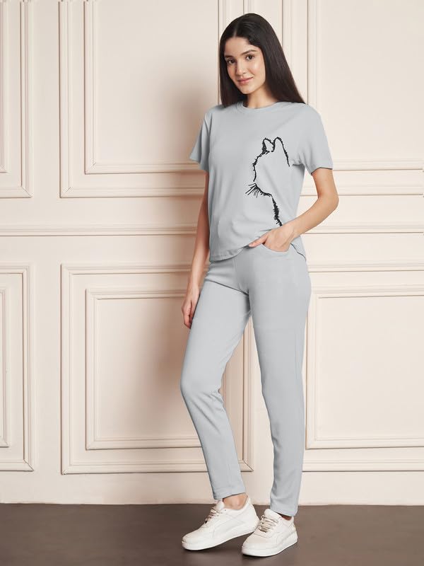 Image of DTR FASHION Polyester Blend Cat Sketch Print Tracksuit | Night Wear Suit For Women