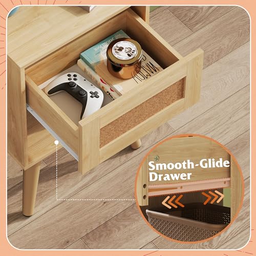 Image of WLIVE Rattan Nightstand with Charging Station, Boho Night Stand, Small Bedroom Side Table, End Table with Drawer and Storage, Wood Bedside Tables for Bedroom, Small Spaces, Natural Oak
