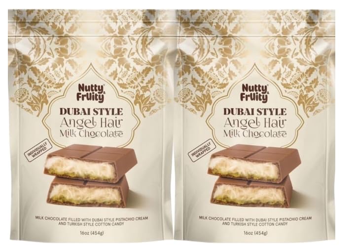 Nutty & Fruity Dubai Angel Hair Milk Chocolate, Premium Middle Eastern Style Chocolate Candy, Creamy Milk Chocolate with Delicate Shredded Filling, 16 oz (Pack of 2)