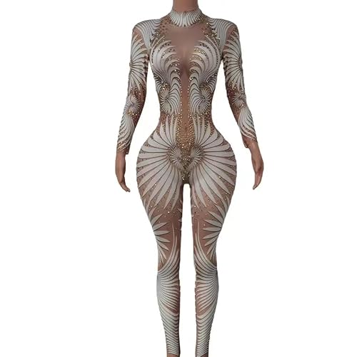 HoHoHuo White Feather Printed Stones Tights Fitting Jumpsuit Woman Bodysuit Fashion Pole Dancing Performance Costumes (Standard, S, White)