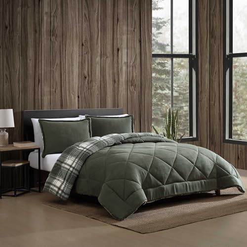 Image of Eddie Bauer - King Comforter Set, Solid Microsuede Bedding with a Plaid Ultra-Plush Faux Shearling Reverse, 3 Piece Bed Set with Matching Pillowcases (Big Lake Plaid Green, King)