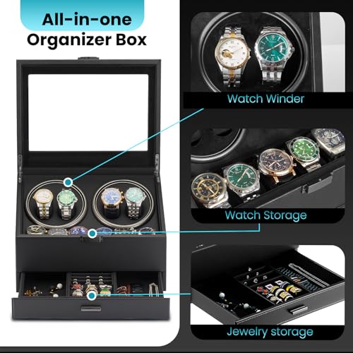 Image of J&T Technology Watch Winder for 4 Automatic Watches, Watch Winder Box with Watch Holders and Jewelry Storage, Quiet Japan-Made Motor,LED Light,Gift for Men & Women