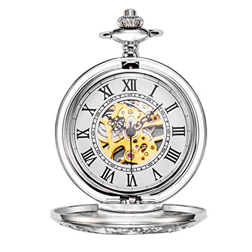 Image of TREEWETO Mens Skeleton Mechanical Pocket Watch, Retro Roman Numerals, Half Hunter, Bronze