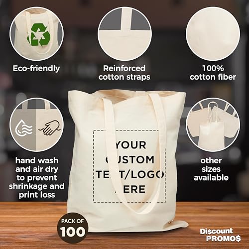 DISCOUNT PROMOS Custom Natural Cotton Fiber Tote Bags (Set of 100) - Personalized, Reusable & Eco-Friendly - Perfect for Grocery, Promotions, Branding - Natural Color, 14.5"X16", 5 OZ Cotton2