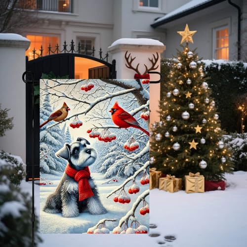 Image of BlissYard Winter Garden Flag Schnauzer Red Scarf Birds 12 x 18 Inch