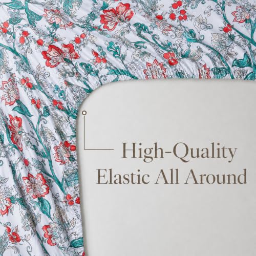 Image of FADFAY Twin XL Sheets Set 4 Piece White Teal Floral College Bedding 100% Egyptian Cotton Dorm Room Bedding, Soft Breathable Dorm Sheets Extra Long with Deep Pocket Luxury Hotel Quality for All Season