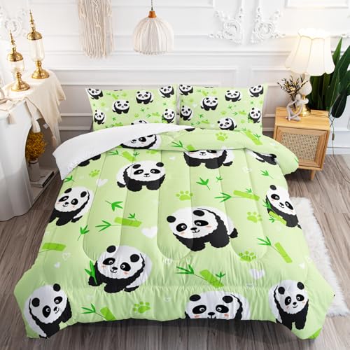 XYNHML Kawaii Cartoon Black White Panda 3Pcs Bedding Animal Themed Comforter Twin Bamboo Heart...