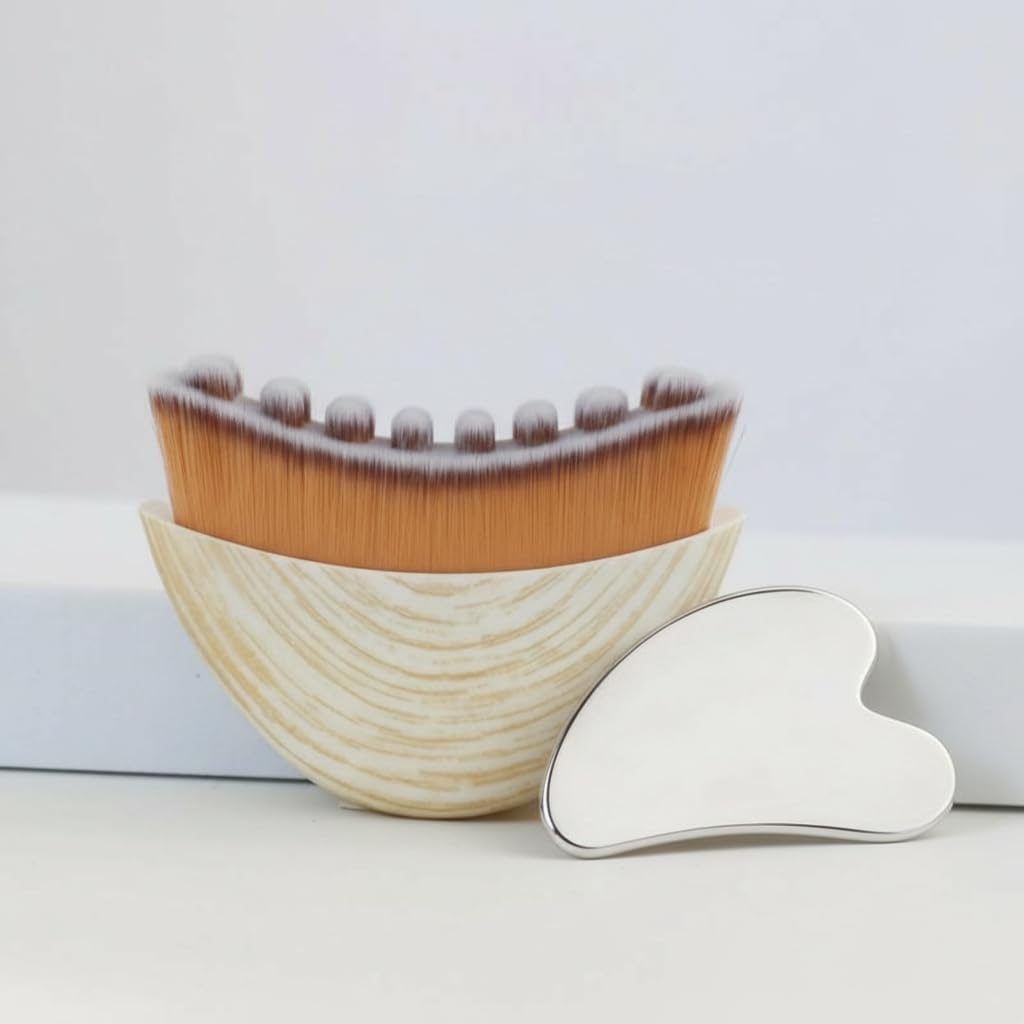 White Lymphatic Contour Brush for face with Stainless Steel Gua Sha Tool - 1 Pcs Lymphatiic Face Brushes with GuaSha Tool for Sculpting | Gua Sha Brushes | Facial Brush for Lymphatic Drainage Brushe