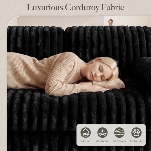Image of Belffin Modular Sectional Sleeper Sofa Bed with Extendable Length Corduroy Couch Deep Seat Cloud Couch for Living Room. Black Convertible Sectional Sofa Bed