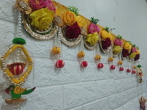 Image of Nutts Handmade Artificial Flower & Pom Pom Latkan with Shubh Labh Cushion Bandhanwar | Decorative Hanging Wedding,Home,Office, Festivals is Very Useful