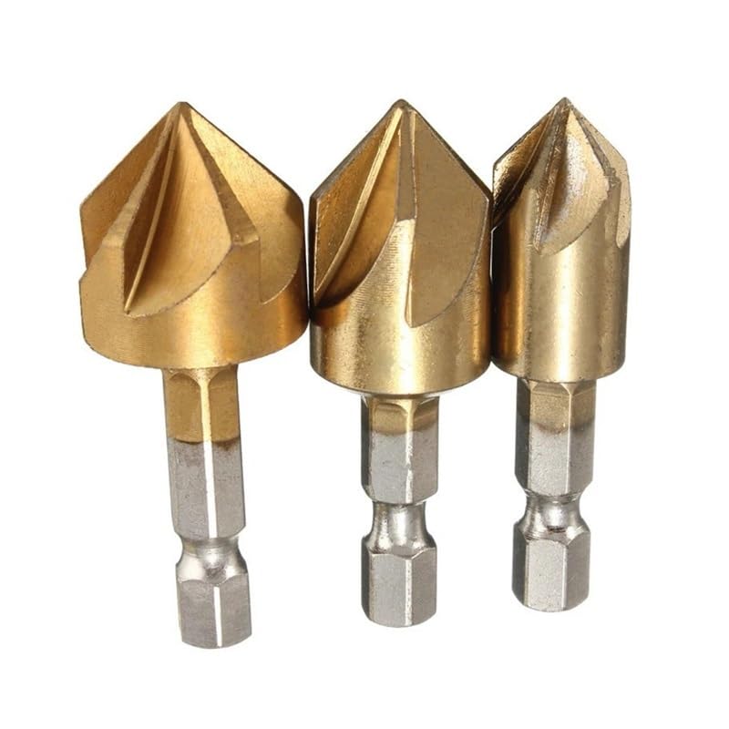 3PCS 5 Flute Chamfer Countersink 1/4" Hex Shank HSS Wood Chamfering Cutter Chamfer 12/16/19mm Countersink Drill Bit DIOBFZFY
