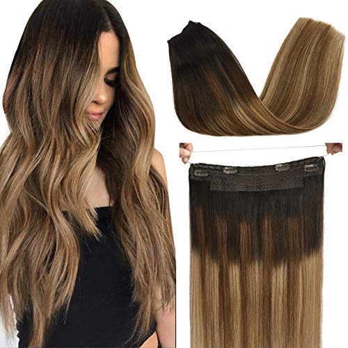 GOO GOO Human Hair Extensions Halo Hair 80g Ombre Brown to Dirty Blonde 18 Inch Real Flip Hair Extensions with Invisible Fish Line Layered Hidden Crown Hair Extensions for Women Hairpiece