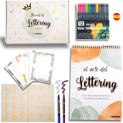Winund Lettering Kit para Niñas - Incluye kit de Brush Pen 12 colores y Cuaderno Lettering - Perfecto como Regalos para Niñas de 10 Años que Quieren Explorar Lettering para Niños (Español)