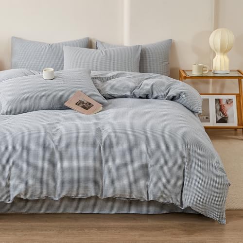 Image of VM VOUGEMARKET Mini Blue Gingham Duvet Cover King 100% Washed Cotton Bedding Set Like Linen Soft Breathable 3 Piece Classic Plaid Checkered Comforter Cover Set (King 104 inchx90 inch, Comforter Not Included)