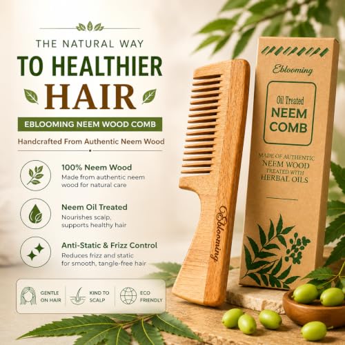 Image of Neem Wooden Handle Comb | Wooden Hair Comb for Women & Men | Smooth Rounded Teeth Detangling Comb | Comfortable Grip Handle for Everyday Hair Care & Styling | 1 Piece