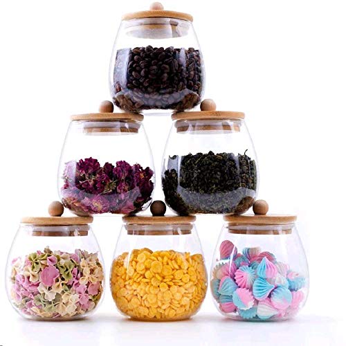 RORA 6 Piece Round Clear Glass Food Storage Jars with Airtight Bamboo Lids Kitchen Decorative Canister Set For Coffee, Flour, Tea, Sugar, Candy, Cookie, Spice and More (20 OZ)