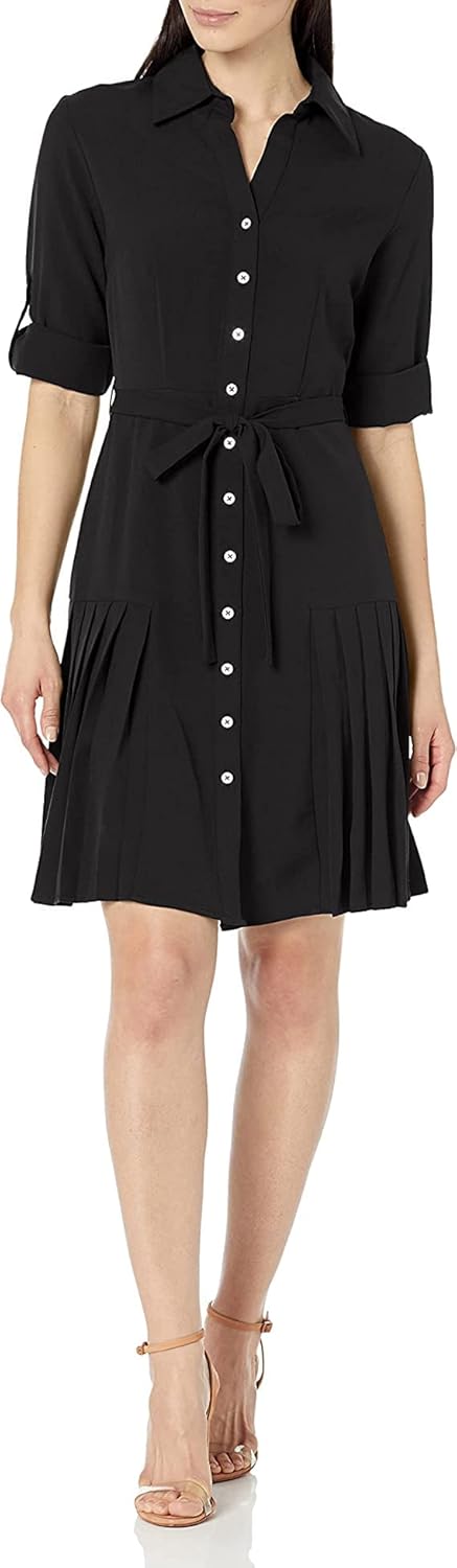Sharagano Women's Button to Hem Shirtdress with Side Pleating Very Black 12