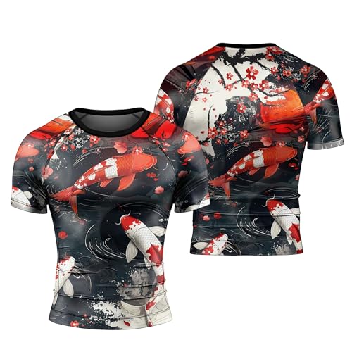 Japanese Koi Fish Men's Short Sleeve Compression Rash Guard, BJJ Workout Shirt, Breathable MMA Training Top