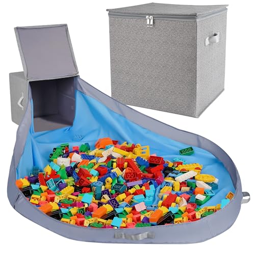 SAM AND MABEL Toy Storage Organizer with Play Mat – 13' x 13' x 13' Storage Box for Kids' Playroom, Stackable and Foldable Nursery Fabric Bin (Pebble Gray)